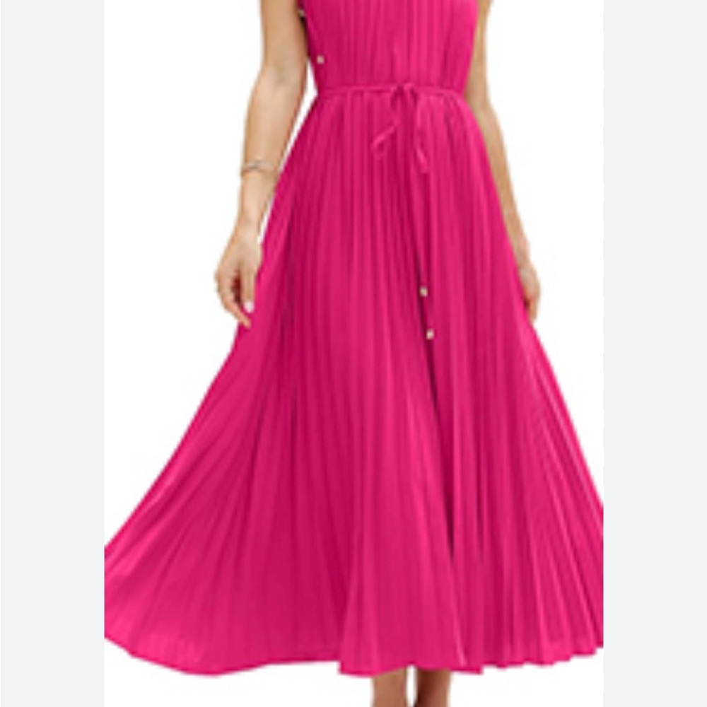 One shoulder Fuchsia Pleated Midi Dress